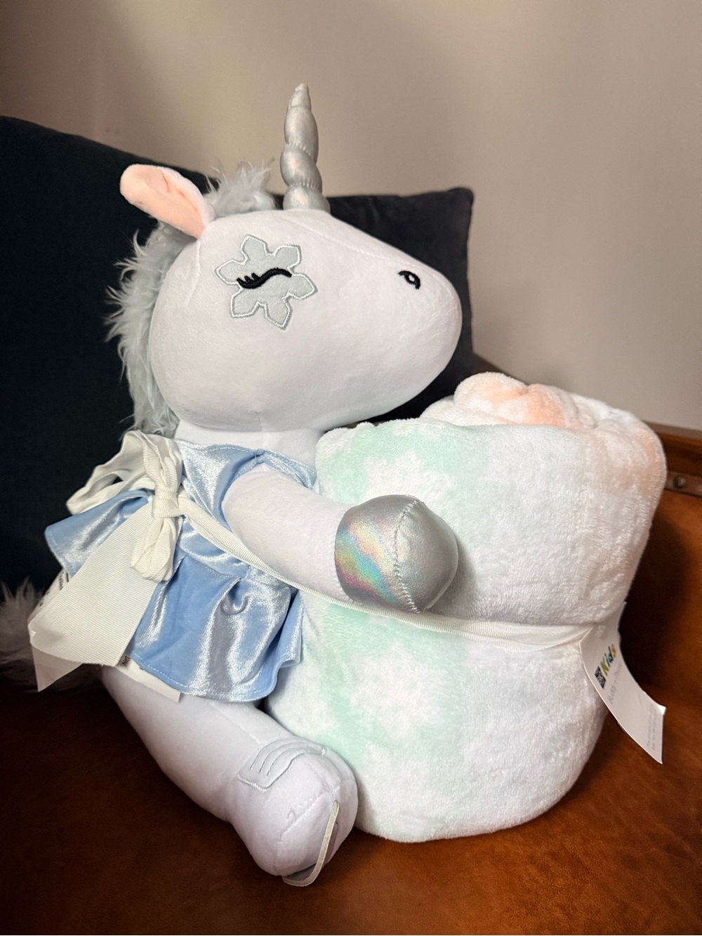 Plush White Unicorn Toy with Blue Dress – Kids Accessory